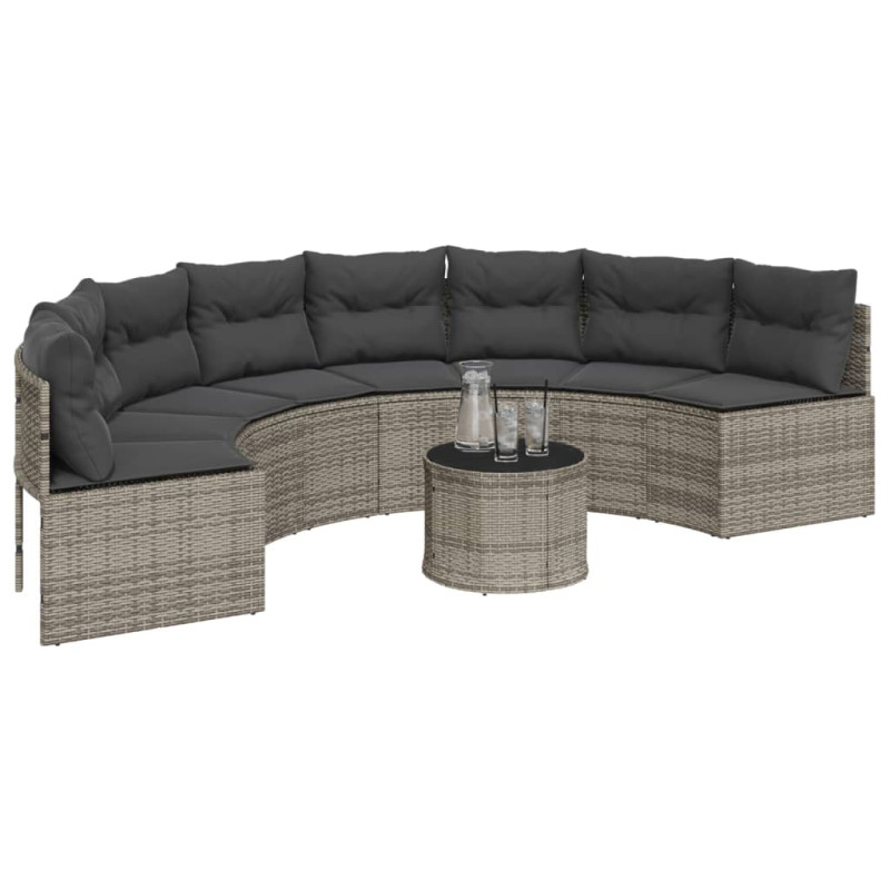 Sofa ogrodowa, stolik i poduszki, półokrągła, szary rattan PE