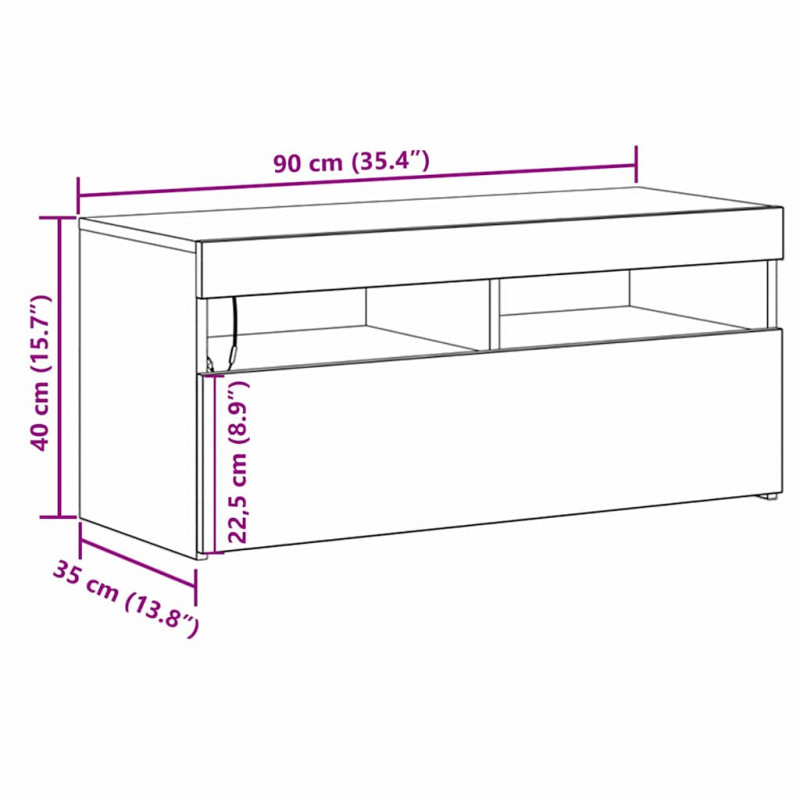 Szafka pod telewizor Ze LED Lights Czarny Dąb 90 x 35 x 40 cm