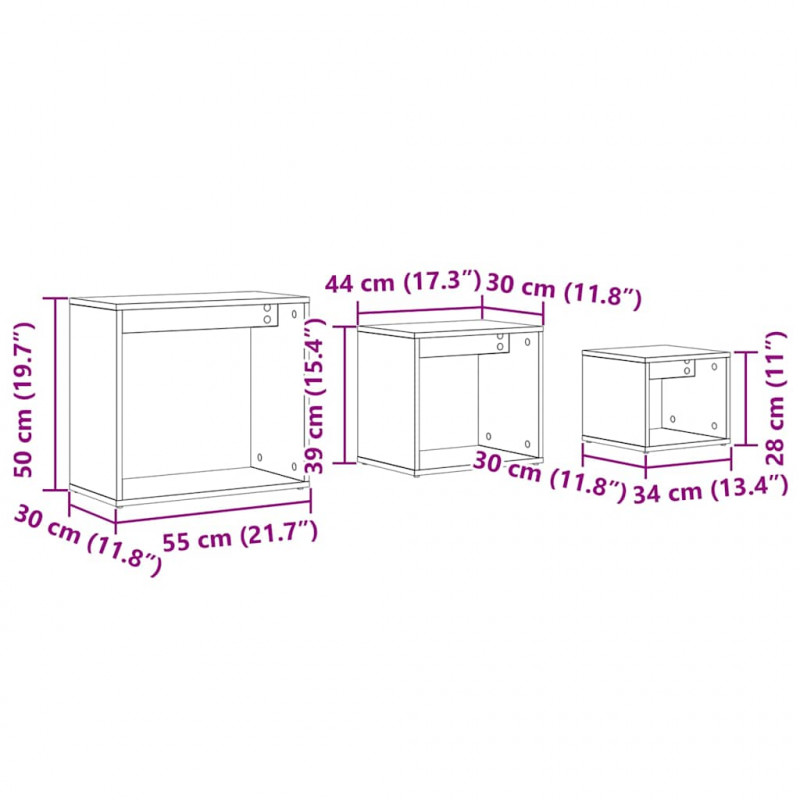 Stolik Nesting 3 pcs Czarny Dąb Materiał drewnopochodny