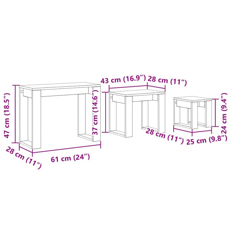 Stolik gniazdowy 3 pcs Czarny Dąb Materiał drewnopochodny