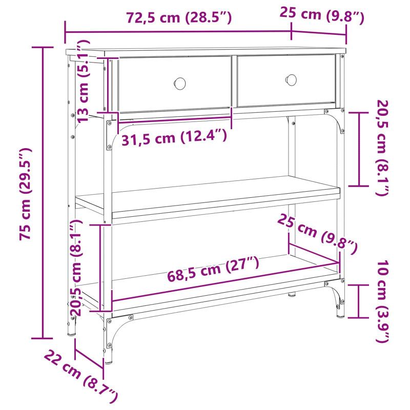 Konsola Czarny Dąb 72,5 x 25 x 75 cm Materiał drewnopochodny