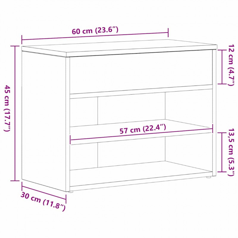Ławka na buty z półką Czarny Dąb 60 x 30 x 45 cm