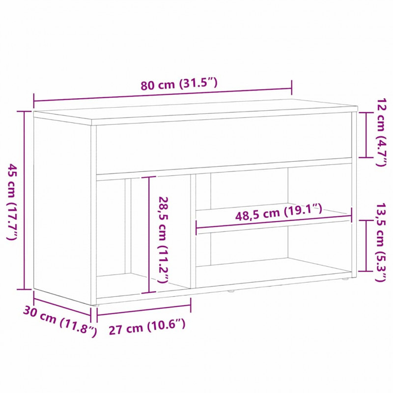Ławka na buty z półką Czarny Dąb 80 x 30 x 45 cm
