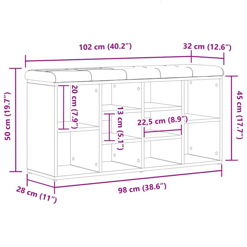 Ławka na buty z półką Czarny Dąb 102 x 32 x 50 cm