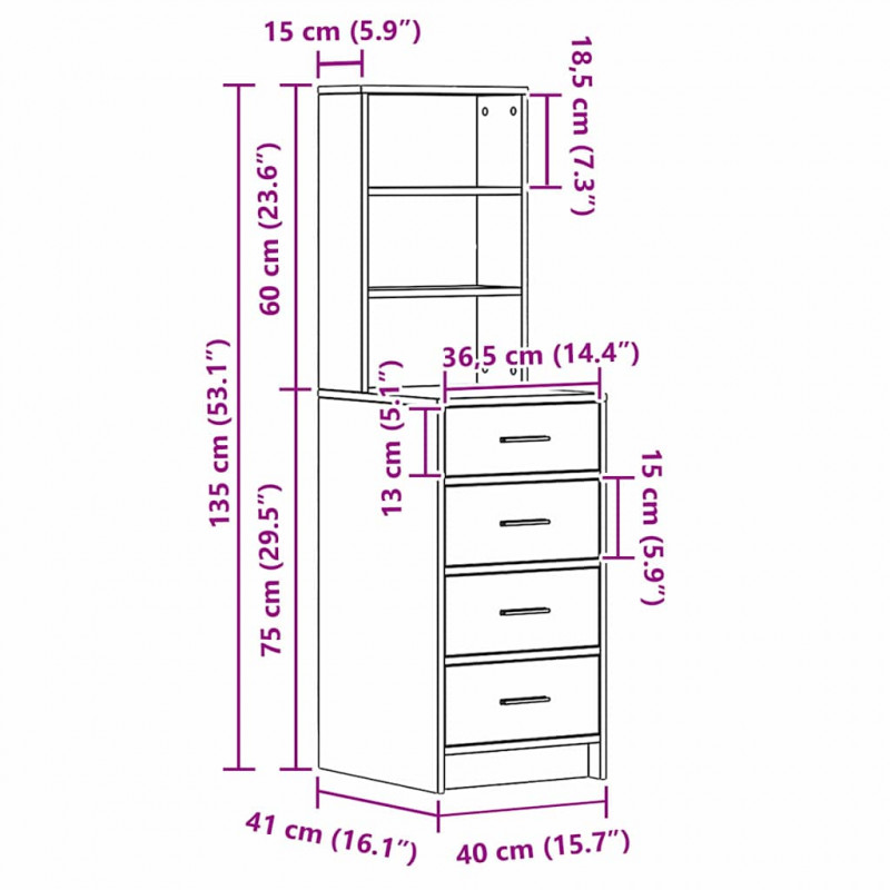 Highboard z szufladą Szary dąb sonoma 40 x 41 x 135 cm
