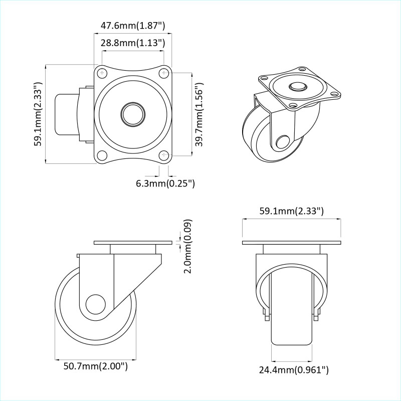 Obrotowe kółko 12 pcs Srebrny 60 x 60 x 50 mm Żelazo i nylon