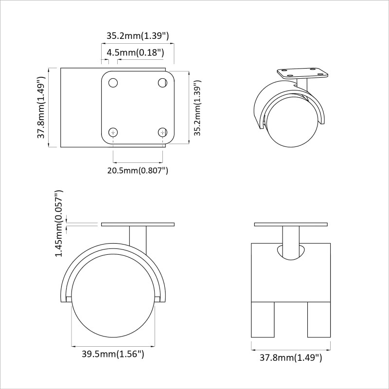 Obrotowe kółko 2 pcs Czarny 39,5 x 39,5 x 37,8 mm Żelazo i PP