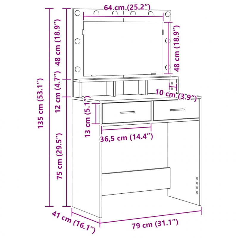 Toaletka Czarny Dąb 79 x 41 x 135 cm Materiał drewnopochodny