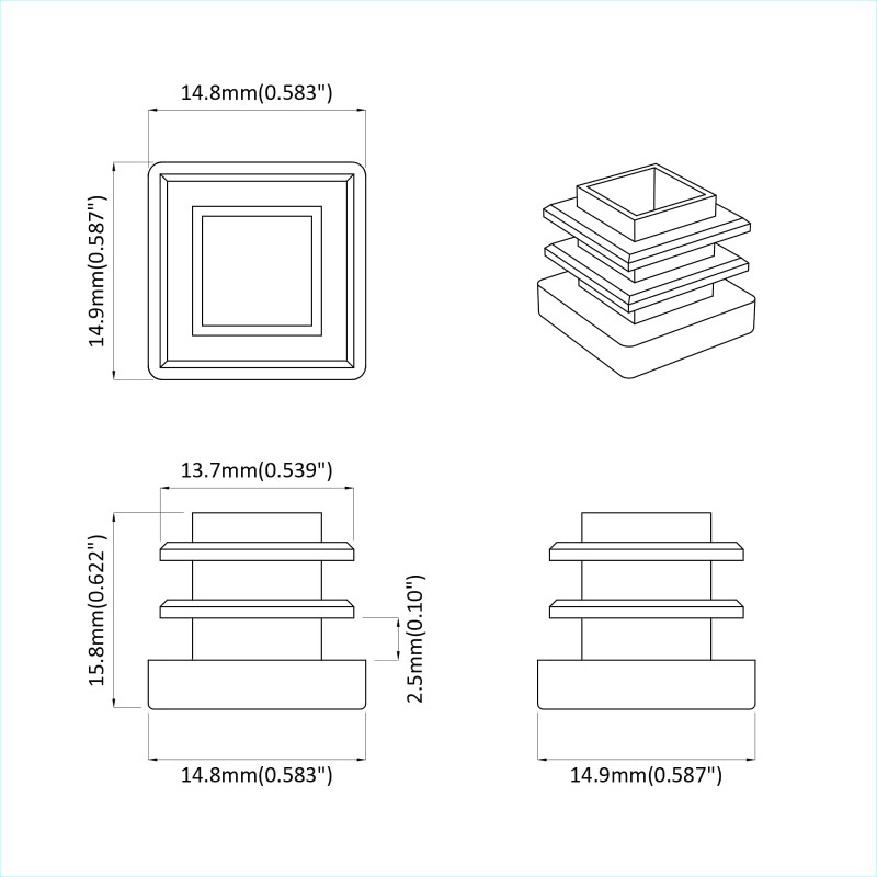 Zaślepki Końcowe 12 pcs Czarny 15 x 15 x 15 mm PP