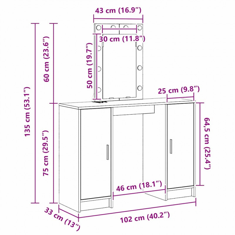 Toaletka Biały 102 x 33 x 135 cm Materiał drewnopochodny