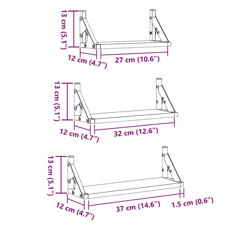 Półka ścienna Montowane na ścianie 3 pcs Czarny Dąb