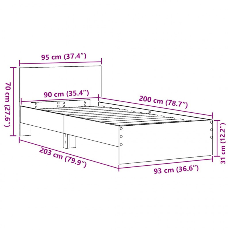 Ramka łóżka Z zagłówkiem Dąb rzemieślniczy 90 x 200 cm