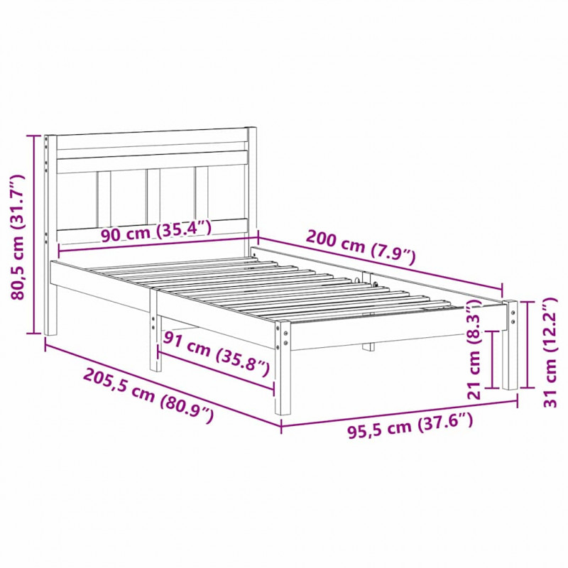 Ramka łóżka Biały 90 x 200 cm Lite drewno sosnowe