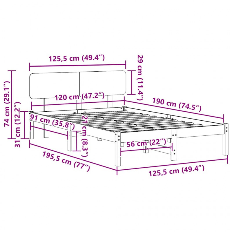 Ramka łóżka Naturalny 120 x 190 cm Lite drewno sosnowe