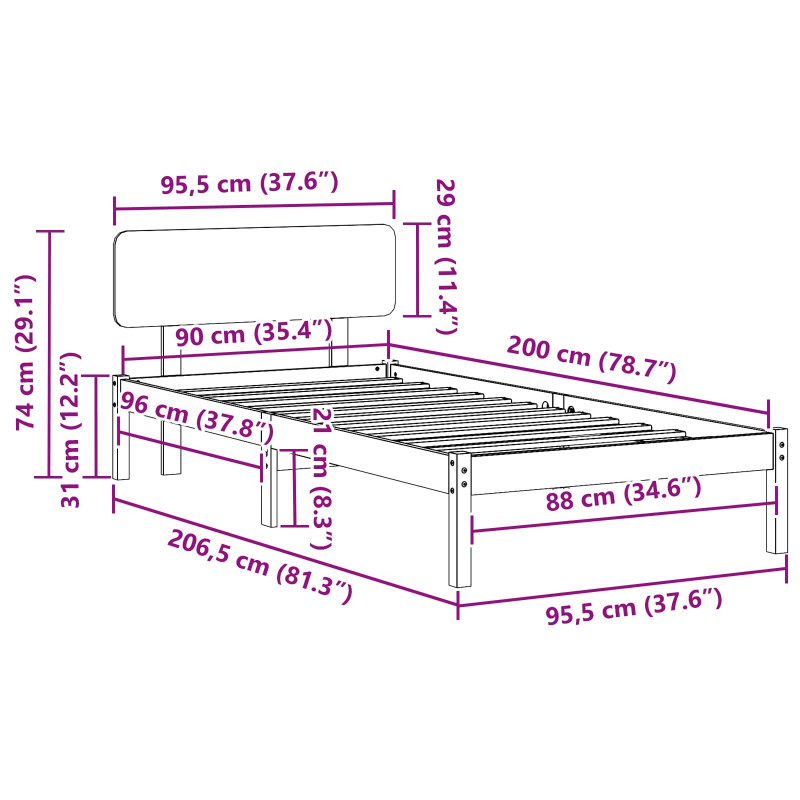 Ramka łóżka Z zagłówkiem Biały 90 x 200 cm Lite drewno sosnowe