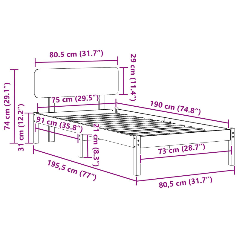 Ramka łóżka Woskowy Brąz 75 x 190 cm Lite drewno sosnowe
