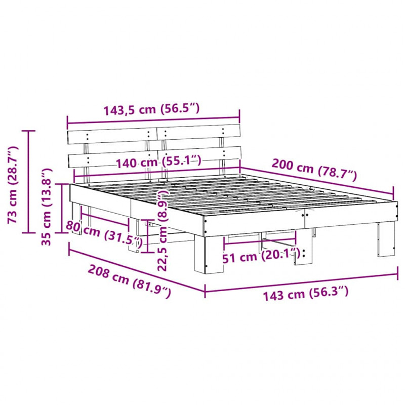 Ramka łóżka Z zagłówkiem Biały 140 x 200 cm Lite drewno sosnowe