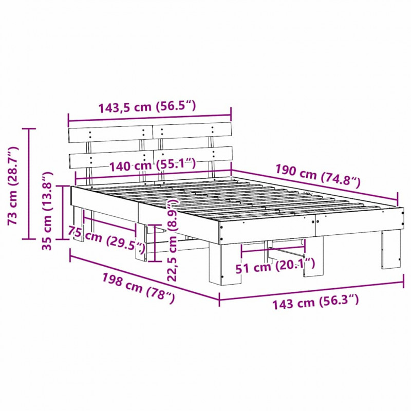 Ramka łóżka Naturalny 140 x 190 cm Lite drewno sosnowe