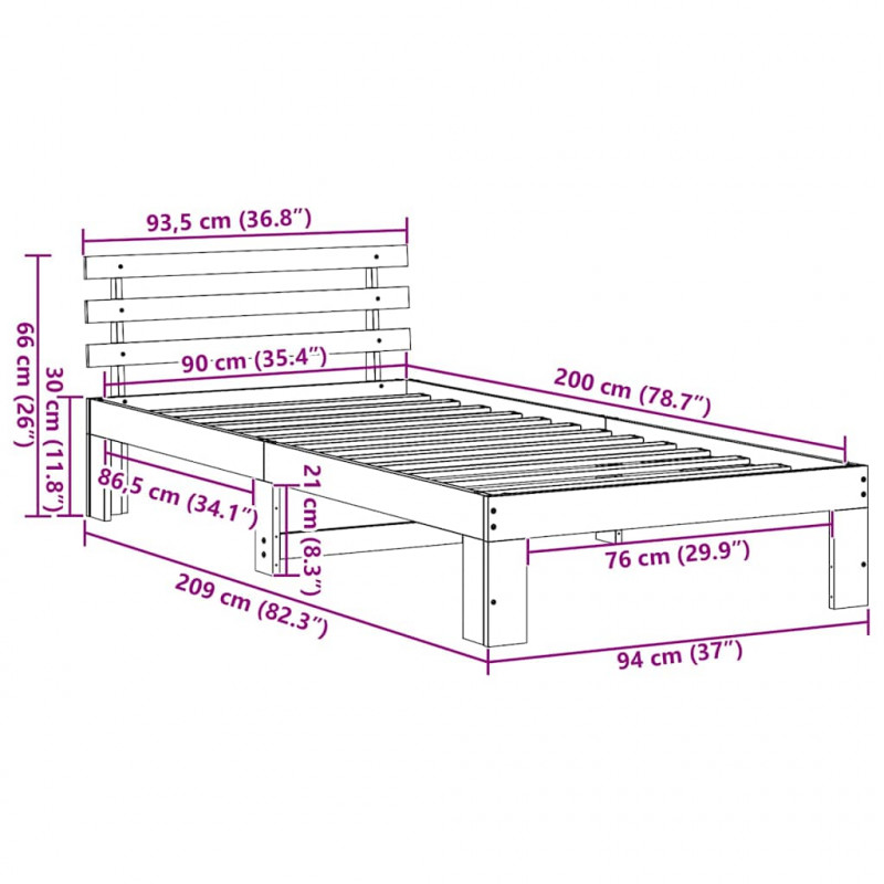 Ramka łóżka Z zagłówkiem Biały 90 x 200 cm Lite drewno sosnowe