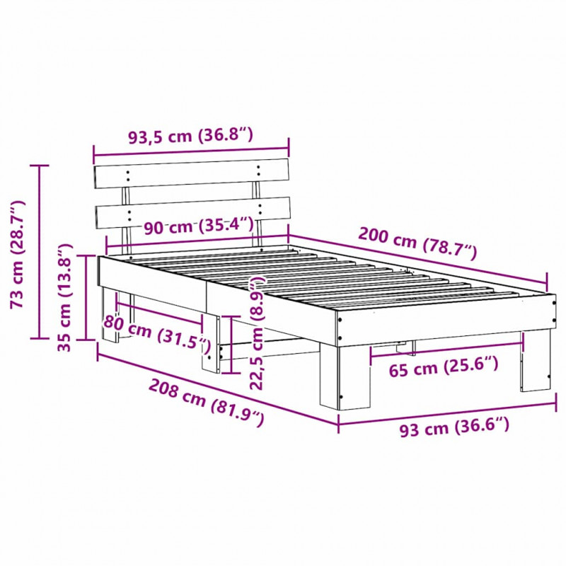 Ramka łóżka Naturalny 90 x 200 cm Lite drewno sosnowe