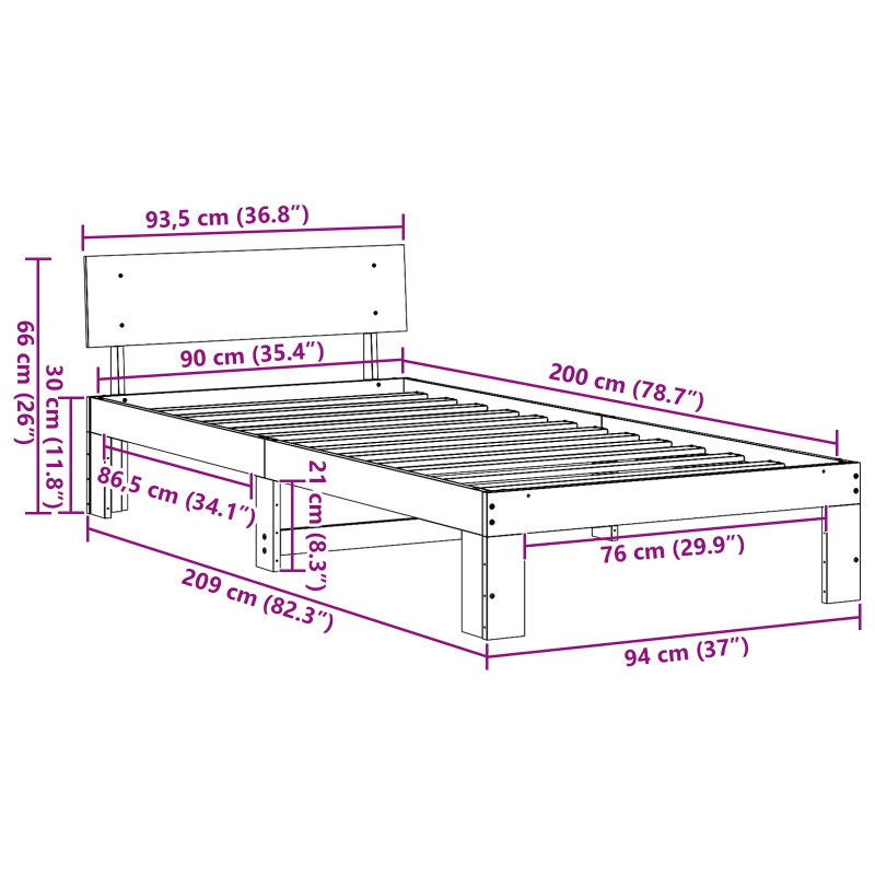Ramka łóżka Z zagłówkiem Biały 90 x 200 cm Lite drewno sosnowe