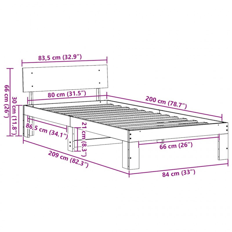 Ramka łóżka Naturalny 80 x 200 cm Lite drewno sosnowe