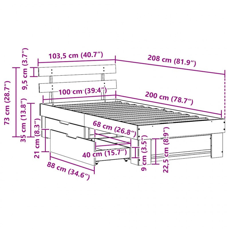 Ramka łóżka Naturalny 100 x 200 cm Lite drewno sosnowe