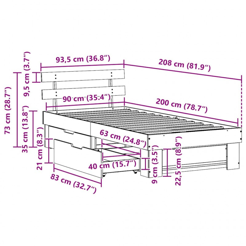Ramka łóżka Naturalny 90 x 200 cm Lite drewno sosnowe