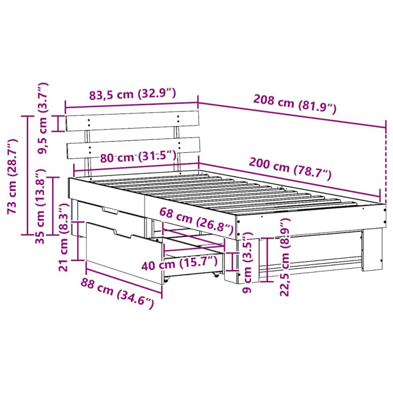 Ramka łóżka Naturalny 80 x 200 cm Lite drewno sosnowe
