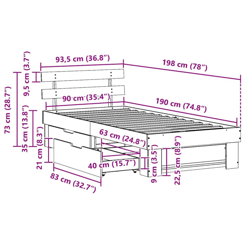 Ramka łóżka Woskowy Brąz 90 x 190 cm Lite drewno sosnowe