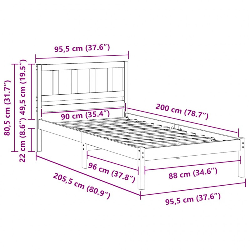 Ramka łóżka Z zagłówkiem Biały 90 x 200 cm Lite drewno sosnowe