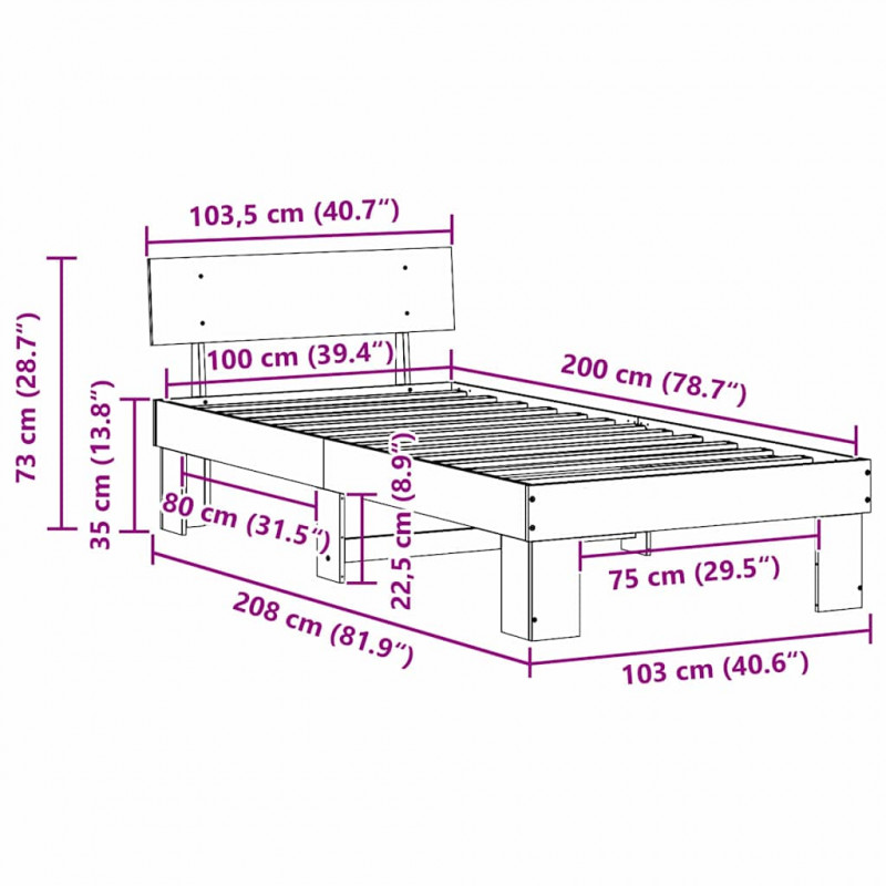 Ramka łóżka Naturalny 100 x 200 cm Lite drewno sosnowe