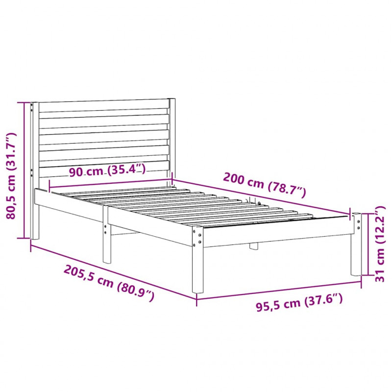 Ramka łóżka Z zagłówkiem Biały 90 x 200 cm Lite drewno sosnowe