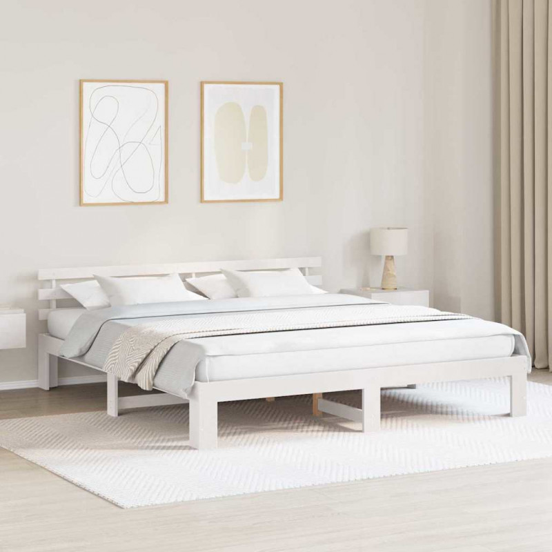Ramka łóżka Z zagłówkiem Biały 200 x 200 cm Lite drewno sosnowe