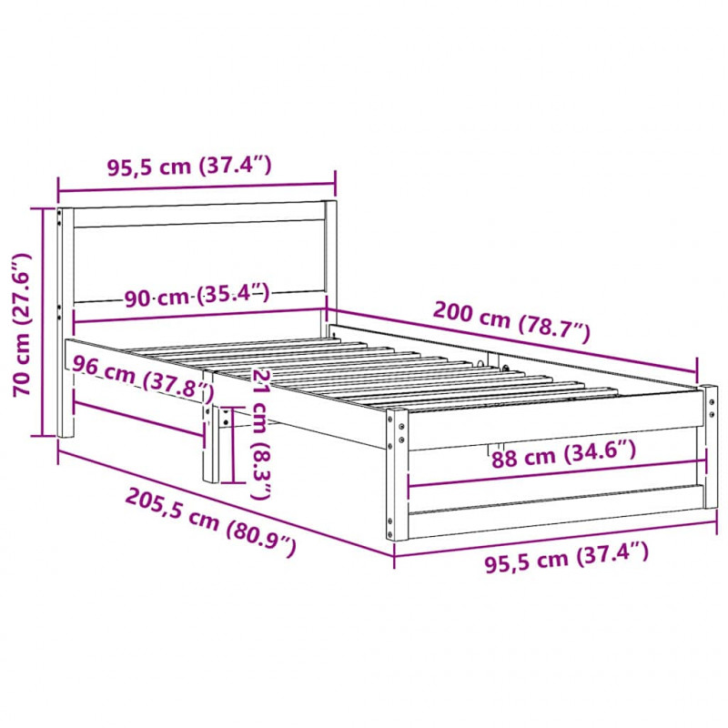 Ramka łóżka Woskowy Brąz 90 x 200 cm Lite drewno sosnowe