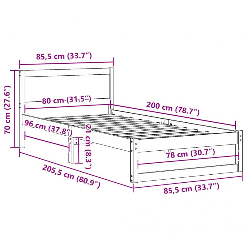Ramka łóżka Naturalny 80 x 200 cm Lite drewno sosnowe