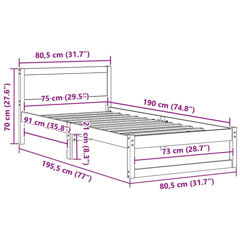 Ramka łóżka Z zagłówkiem Biały 75 x 190 cm Lite drewno sosnowe