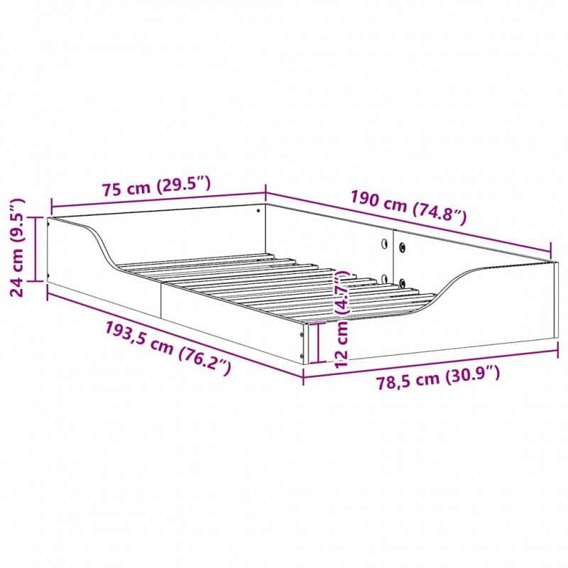Ramka łóżka Biały 75 x 190 cm Lite drewno sosnowe