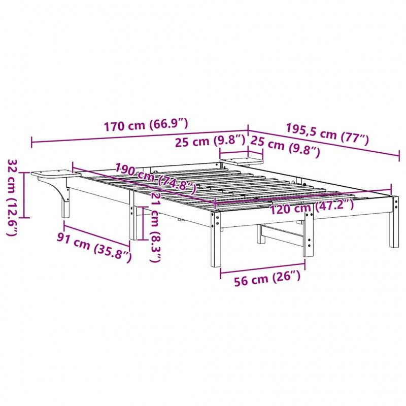 Ramka łóżka Naturalny 120 x 190 cm Lite drewno sosnowe