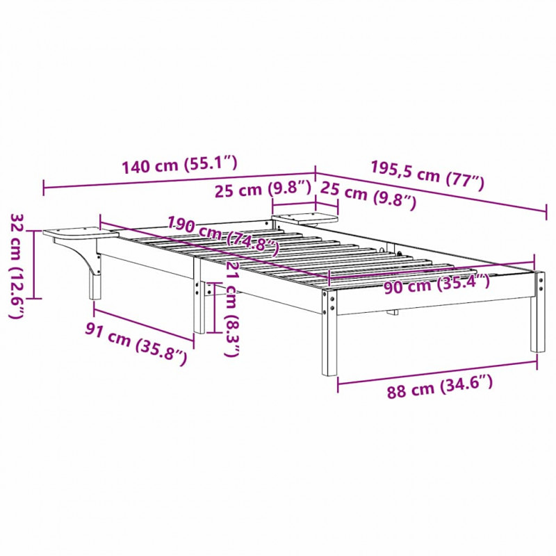 Ramka łóżka Naturalny 90 x 190 cm Lite drewno sosnowe