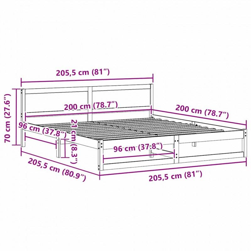 Ramka łóżka Z zagłówkiem Biały 200 x 200 cm Lite drewno sosnowe