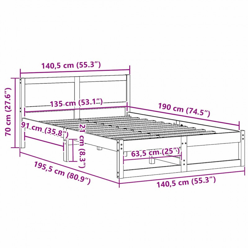 Ramka łóżka Z zagłówkiem Biały 135 x 190 cm Lite drewno sosnowe