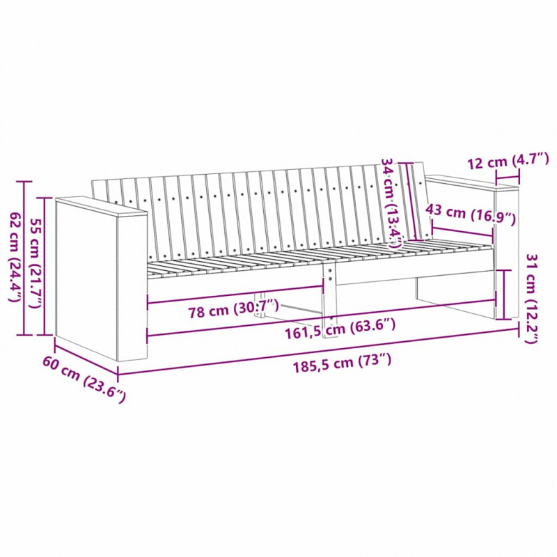 Sofa Ogrodowa Brązowy 185,5 x 60 x 62 cm Lite drewno sosnowe