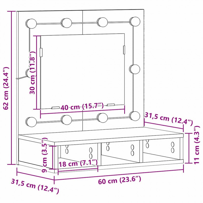Szafka z lustrem z półką Z lustrem Czarny Dąb 60 x 31,5 x 62 cm