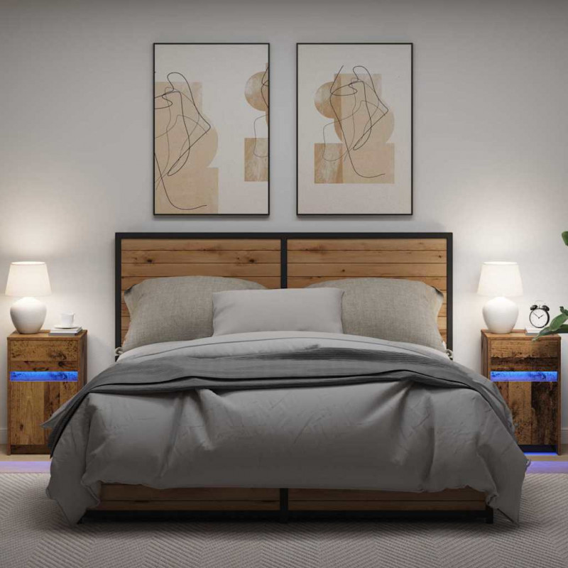 LED Stolik nocny z szufladą 2 pcs Stare drewno 38 x 34 x 61 cm