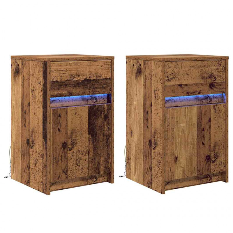 LED Stolik nocny z szufladą 2 pcs Stare drewno 38 x 34 x 61 cm