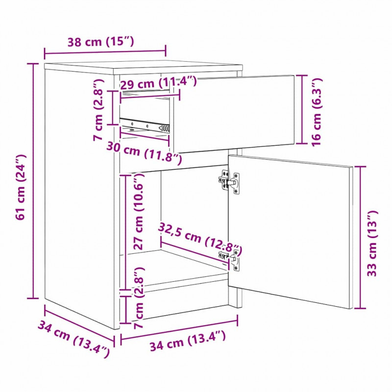 LED Stolik nocny z szufladą 2 pcs Stare drewno 38 x 34 x 61 cm