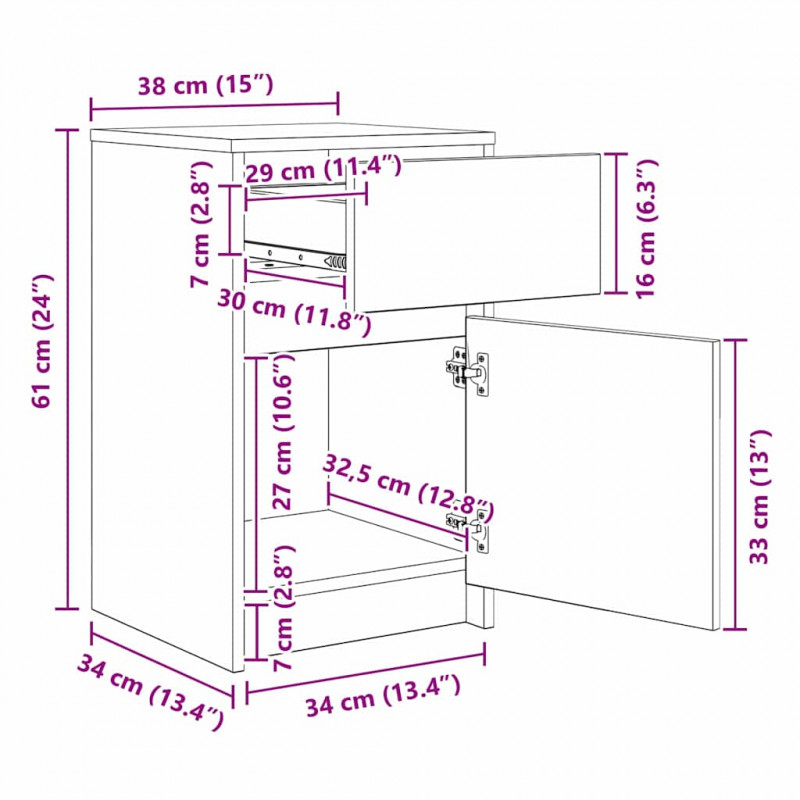 LED Stolik nocny z szufladą Czarny dąb 38 x 34 x 61 cm