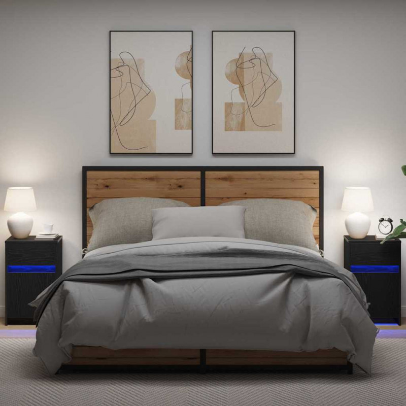 LED Stolik nocny z szufladą 2 pcs Czarny dąb 38 x 34 x 61 cm