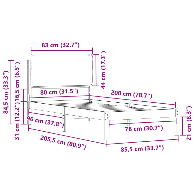 Ramka łóżka z tapicerowanym wezgłowiem Ciemnoszary 80 x 200 cm